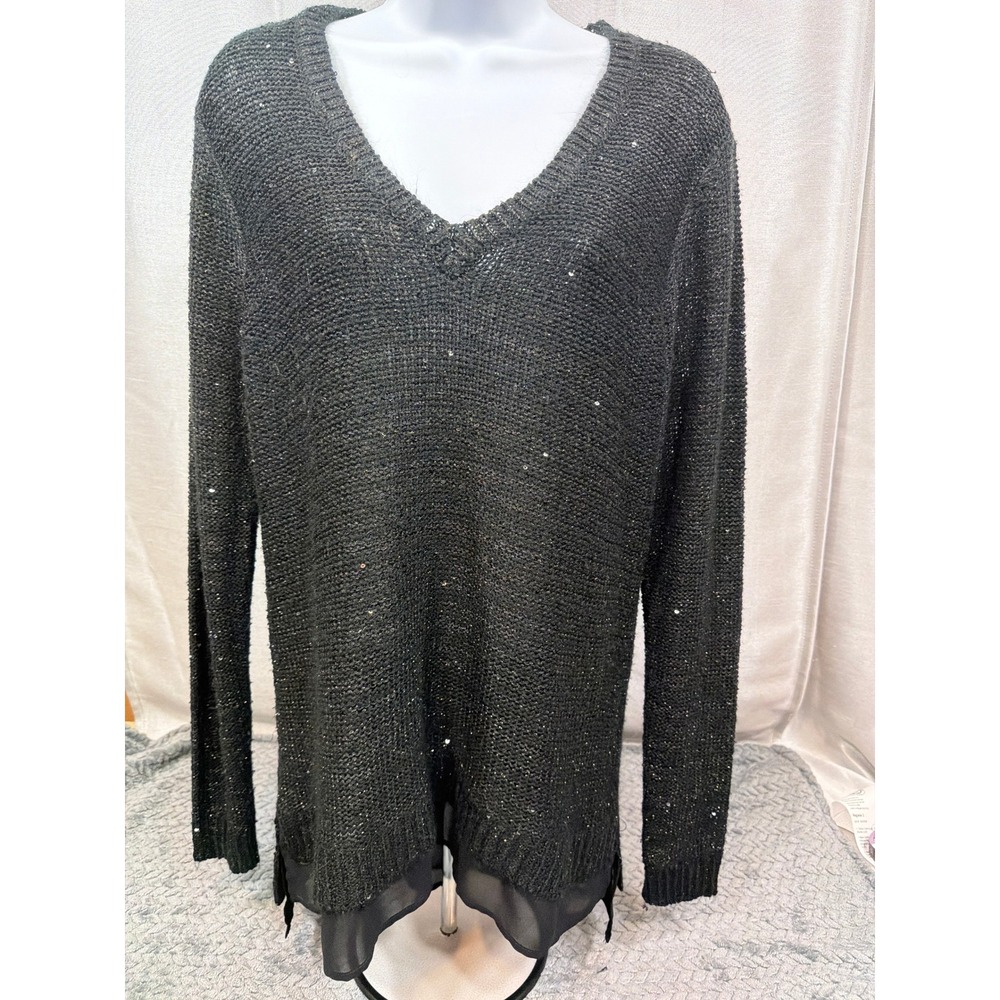 Liz Claiborne‎ Career Black Sequin V-Neck Sweater Sheer Layered Hem Womens Large